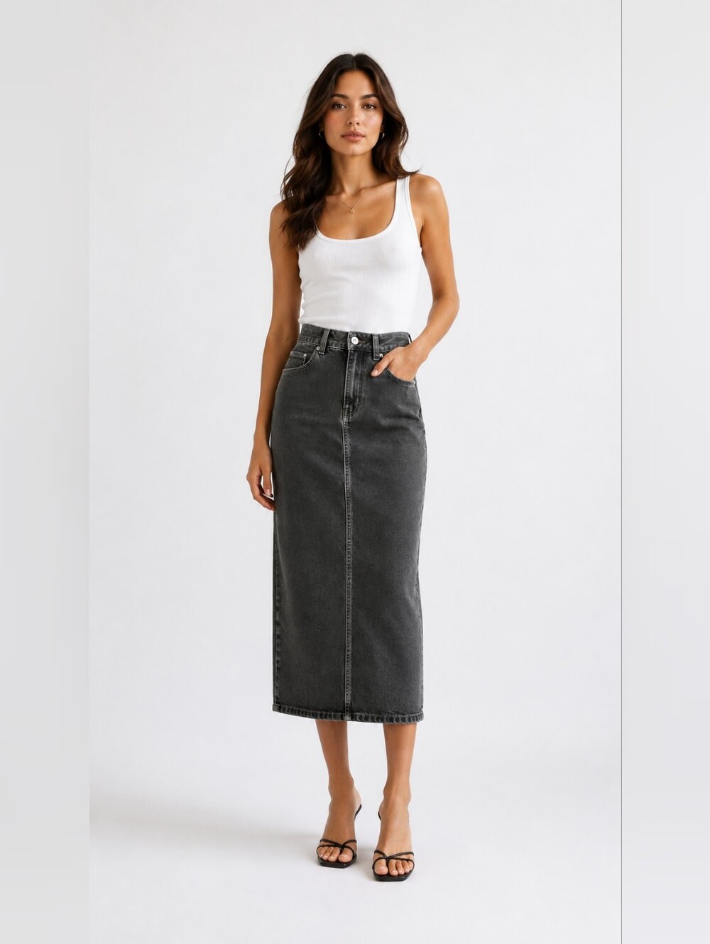 High-Waist Washed Black Denim Midi Skirt